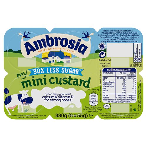 Ambrosia 30% Less Sugar Original Custard Mini Pot 6pk (6 x 55g) 330g pack shot