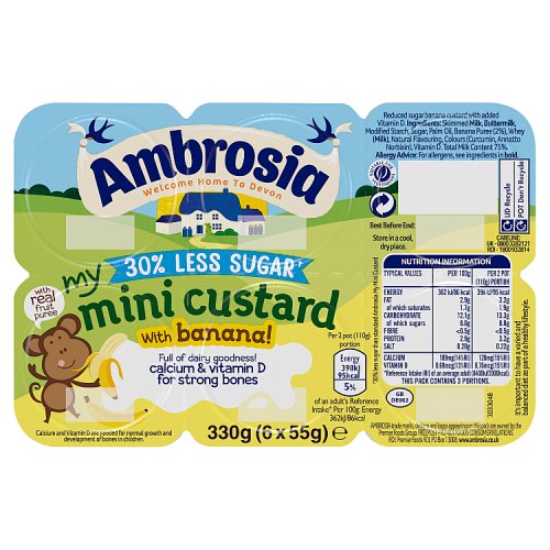Ambrosia Mini 30% Less Sugar Custard Banana 6pk 330g pack shot
