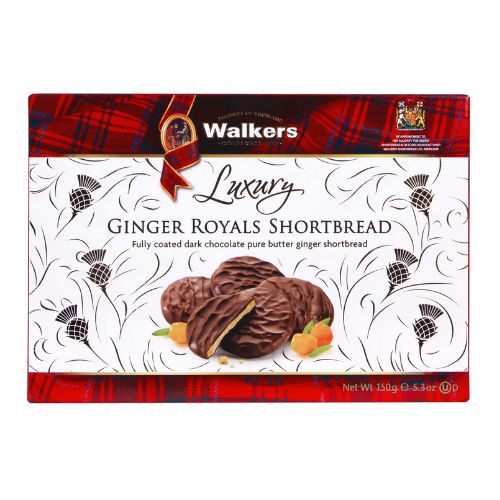 Walkers Fully Coated Plain Chocolate Ginger Royal Shortbread 150g pack shot