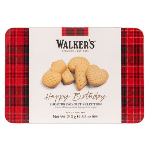 Walkers Assorted Shortbread Happy Birthday Tin 240g pack shot