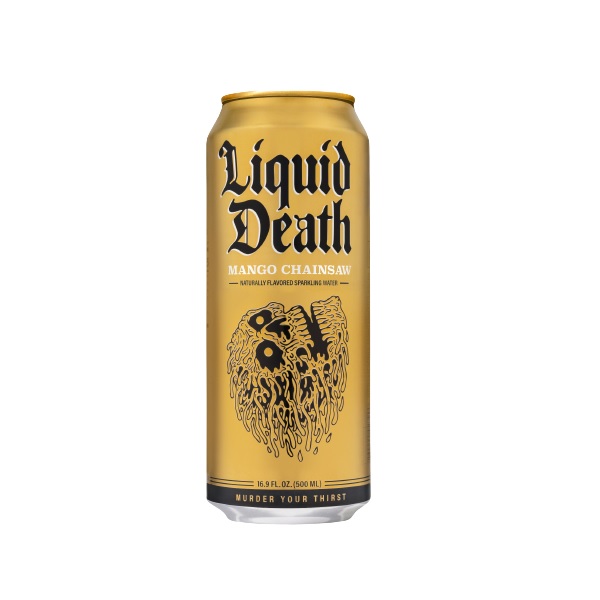 Liquid Death Sparkling Water Mango Chainsaw 500ml pack shot