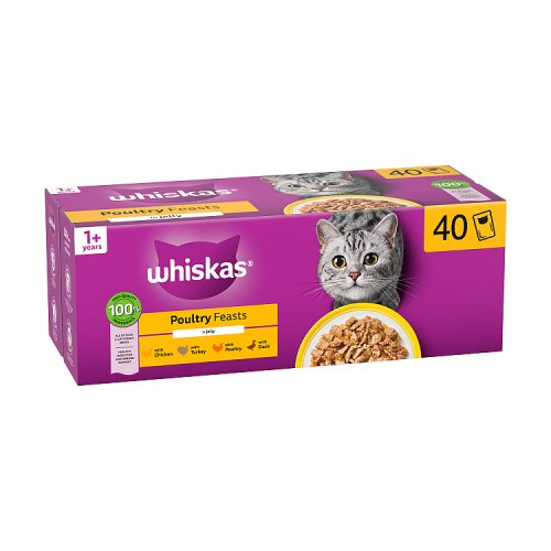 Whiskas 1+ Cat Pouches Poultry Feasts in Jelly (40 x 85g) 3.4kg pack shot