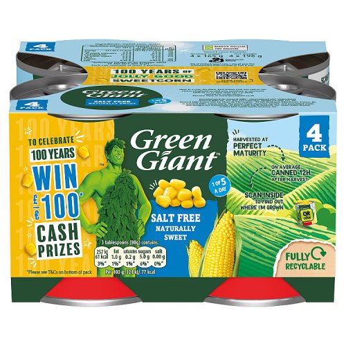 Green Giant Salt Free Sweetcorn 4pk (4 x 198g) pack shot