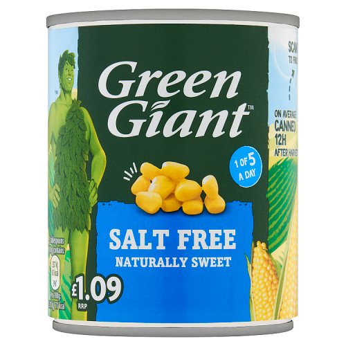 Green Giant Salt Free Sweetcorn PM £1.09 198g pack shot