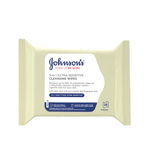 Johnsons Make up Be Gone Extra Sensitive Cleansing Wipes 5in1 25SH pack shot