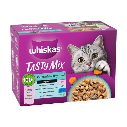 Whiskas 1+ Cat Pouches Tasty Mix Catch OTD Gravy (12 x 85g) 1.02kg pack shot