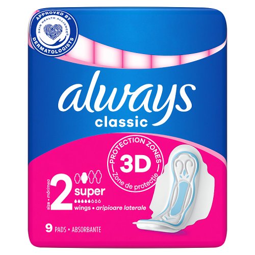 Always Classic Long Sanitary Towels Size 2 Wings 9 pack shot