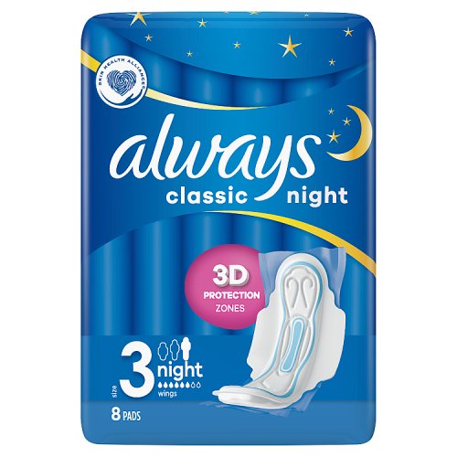 Always Classic Night Sanitary Towels Size 3 Wings 8 pack shot