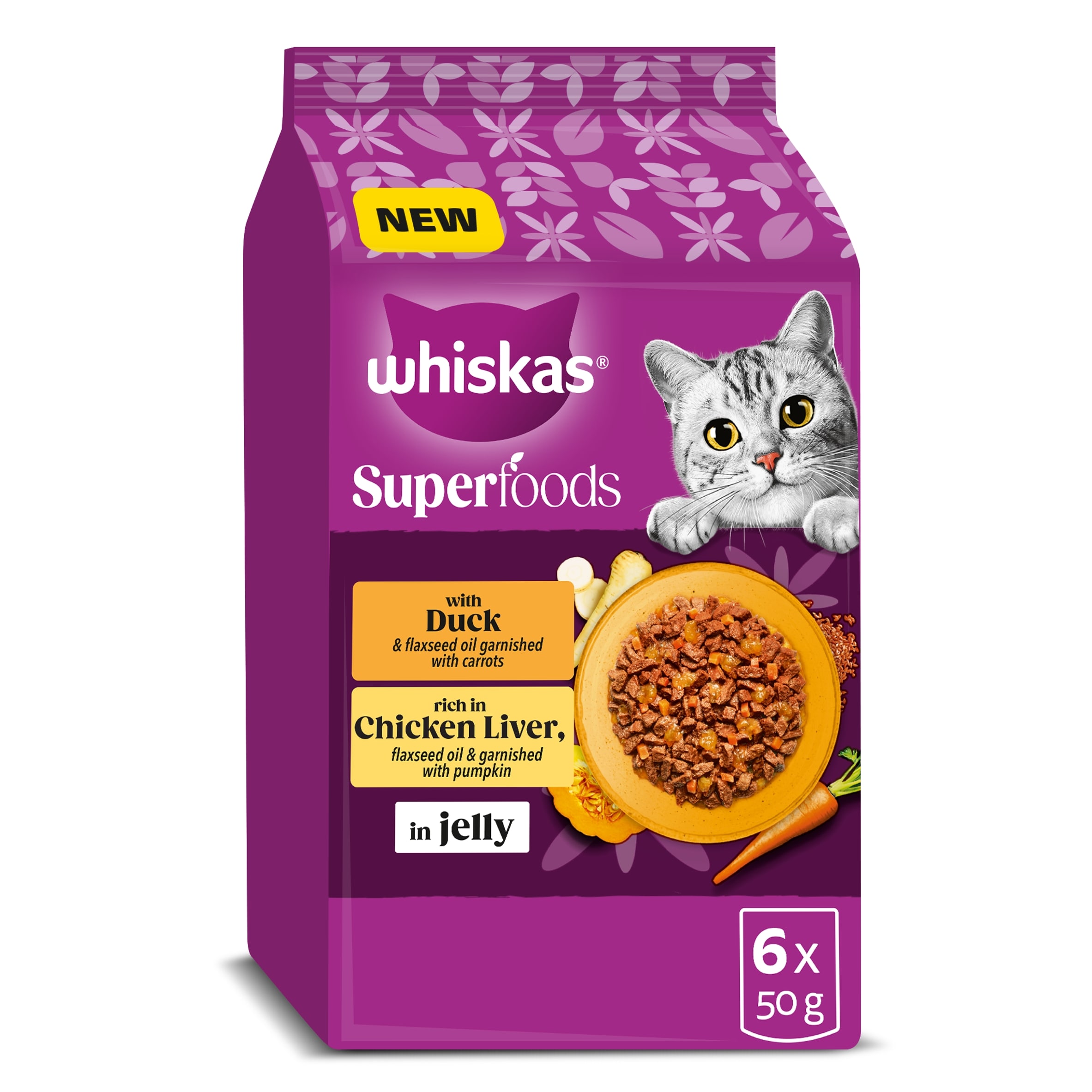 Whiskas 1+ Cat Pouches Superfoods With Poultry In Jelly 6 x 50g pack shot