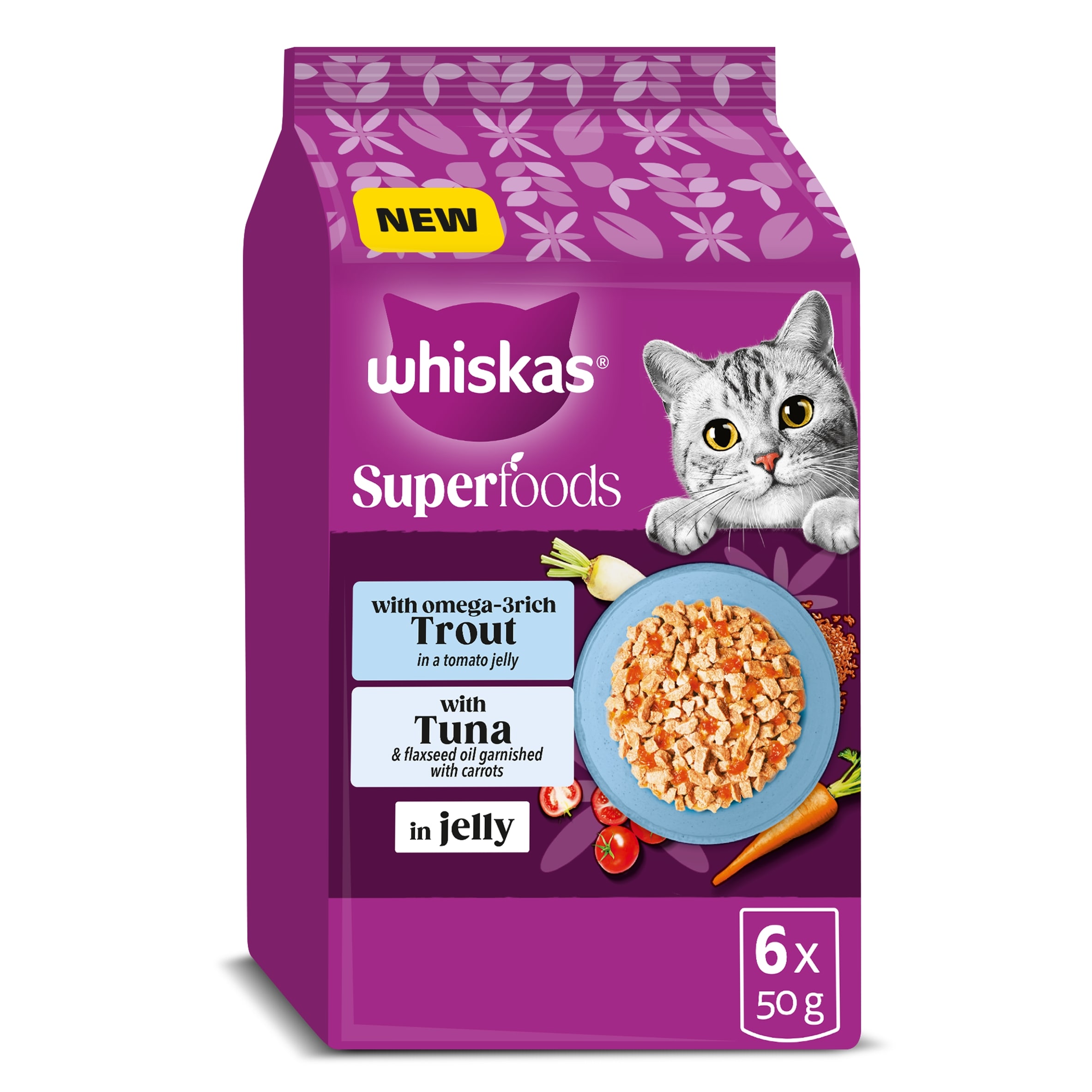 Whiskas 1+ Cat Pouches Superfoods With Fish In Jelly 6 x 50g pack shot