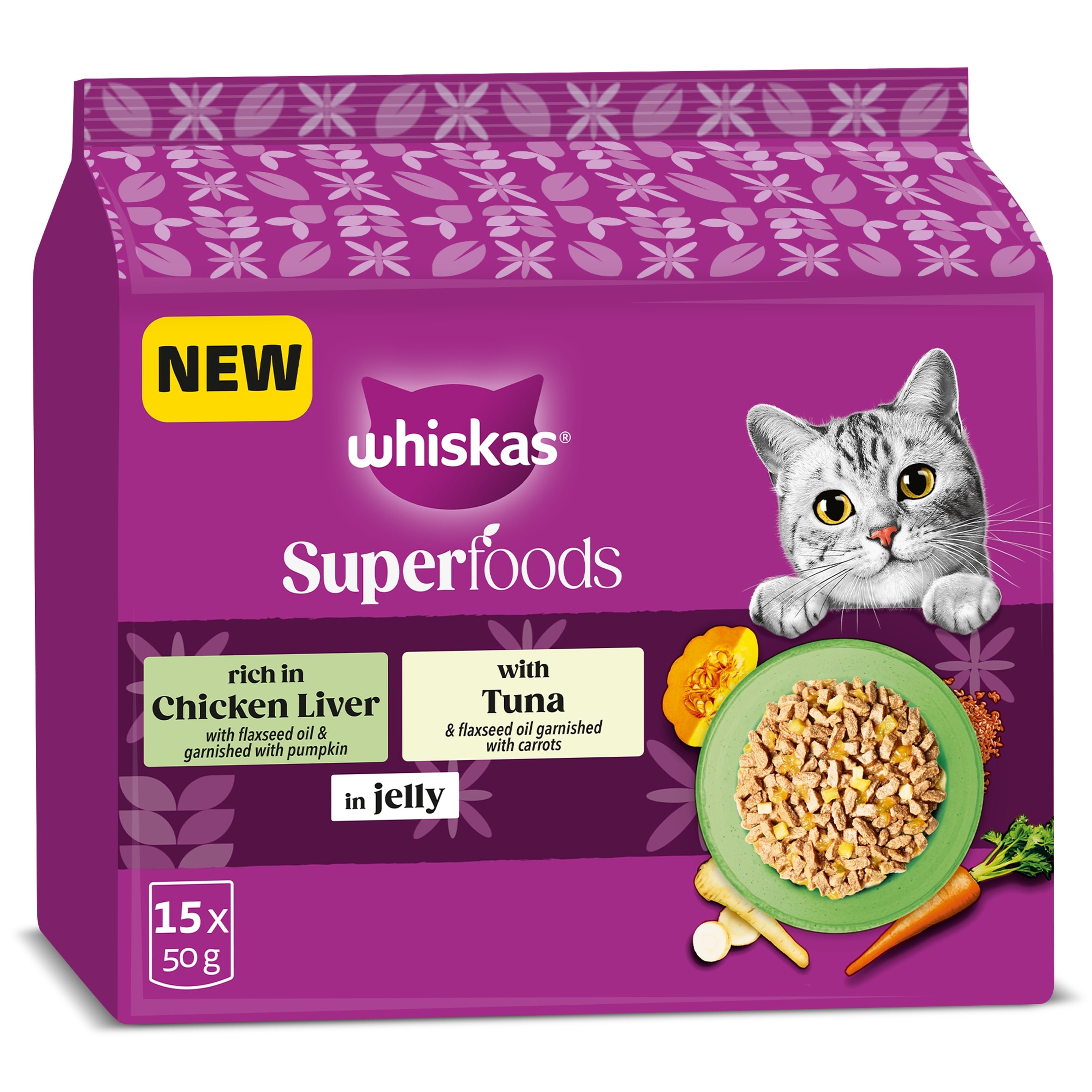 Whiskas 1+ Cat Pouches Superfoods Mixed Selection In Jelly 6 x 50g pack shot