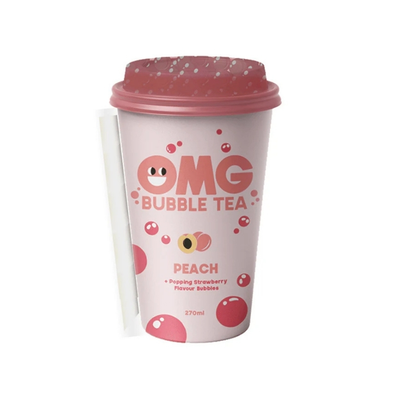 OMG Bubble Peach Black Tea with Straberry Flavour Bubbles 270ml pack shot