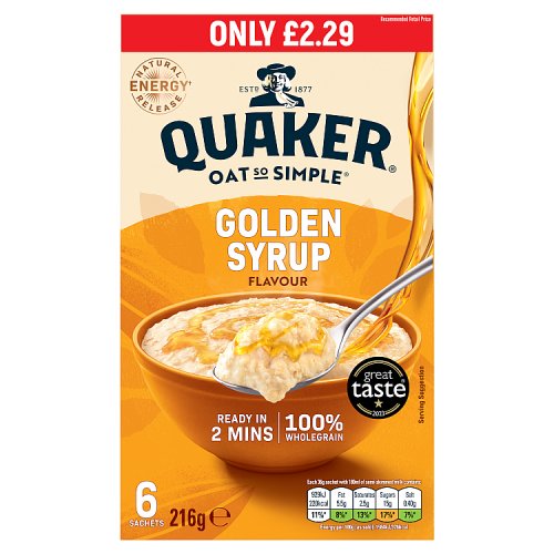 Quaker Oats So Simple Golden Syrup 6 Sachets PM £2.29 36g pack shot