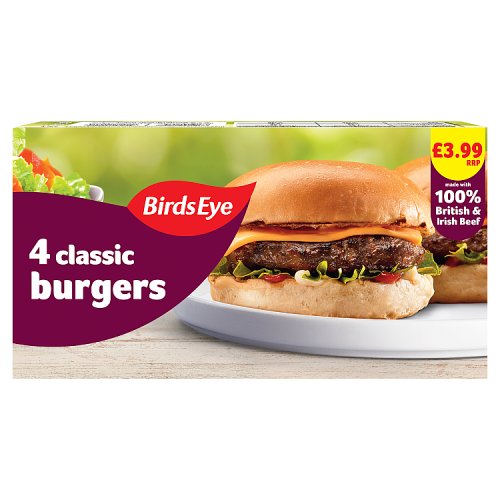 Birds Eye 4 Beef Burgers PM £2.79 227g pack shot