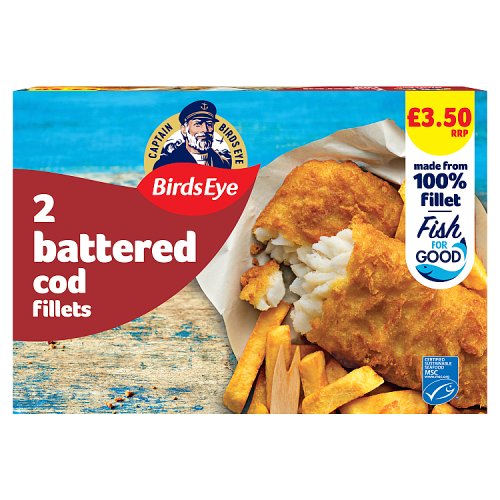 Birds Eye 2 Battered Cod Fillets PM £3.50 200g pack shot
