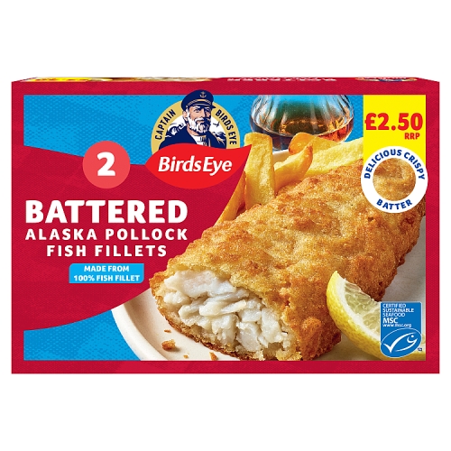 Birds Eye 2 Battered Fish Fillets PM £2.50 220g pack shot