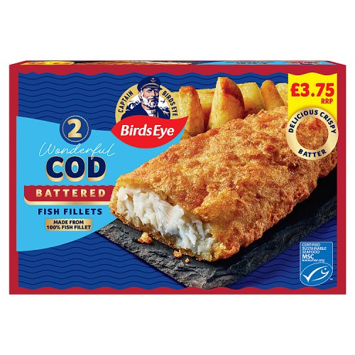 Birds Eye 2 Battered Cod Fillets PM £3.75 200g pack shot