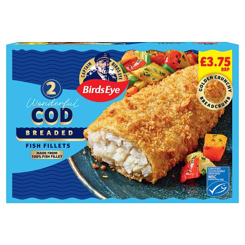 Birds Eye 2 Breaded Cod Fillets PM £3.75 200g pack shot