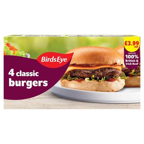 Birds Eye 4 Beef Burgers PM £3.99 227g pack shot