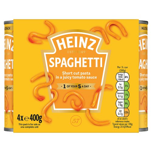 Heinz Spaghetti In Tomato Sauce Low Sugar 4pk (4 x 400g) pack shot