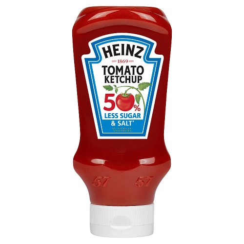 Heinz Tomato Ketchup 50% Less Sugar & Salt Top Down 570ml pack shot