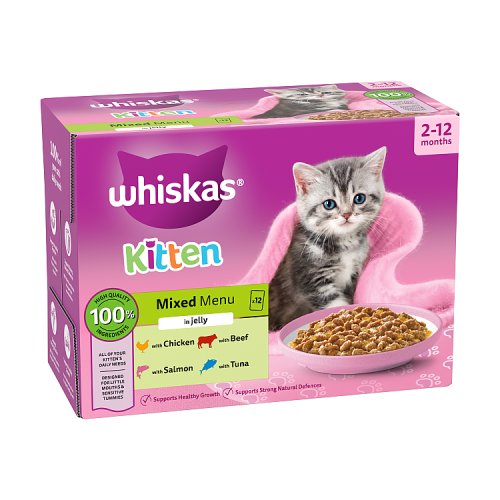 Whiskas 2-12mths Kitten Mixed Menu in Jelly 12pk (12 x 85g) 1.02kg pack shot