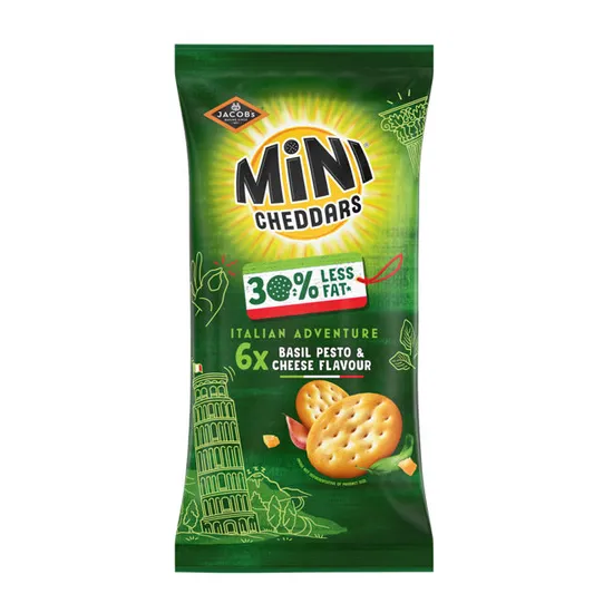Jacobs Mini Cheddars Cheese & Basil Pesto 6pk 102g pack shot