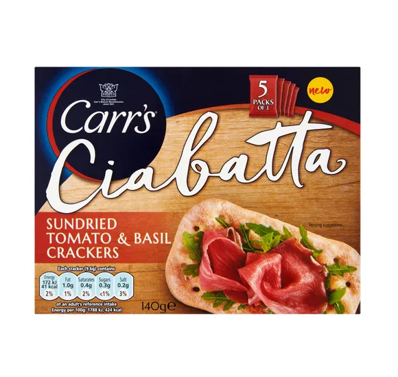 Carrs Ciabatta SunDried Tomato & Basil Crackers 140g pack shot