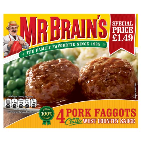 Mr Brains 4 Pork Faggots PM £1.49 439g pack shot