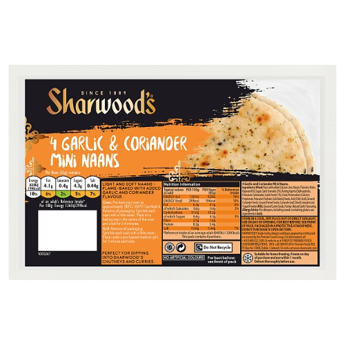 Sharwoods Mini Naan Garlic & Coriander 4pk (4 x 65g) pack shot