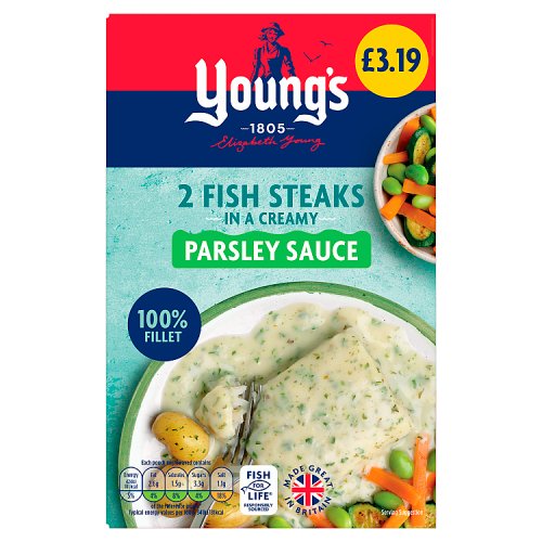Youngs 2 Fish Steaks in Parsley Sauce PM £3.19 280g pack shot