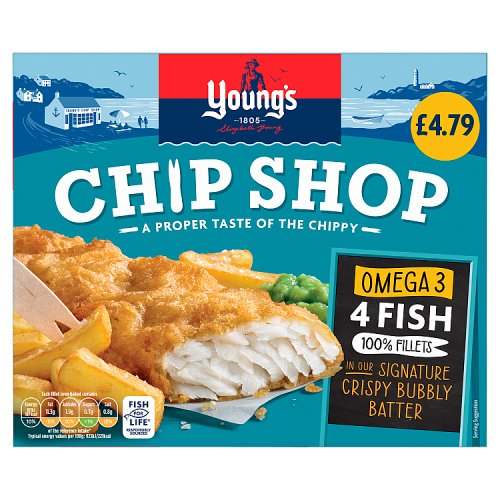 Youngs Chip Shop Battered 4 Fish Fillets PM £4.79 400g pack shot