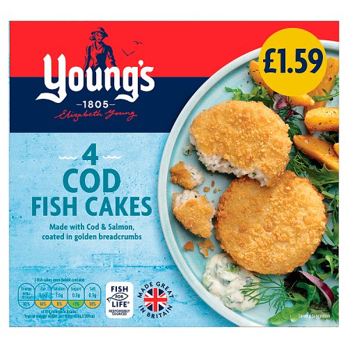 Youngs 4s Breaded Cod Fish Cakes 200g PM £1.59 pack shot