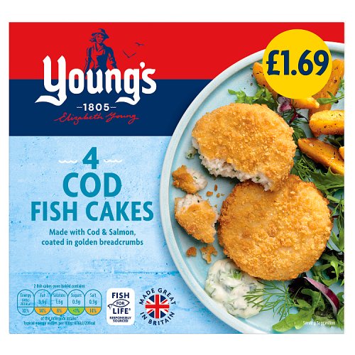 Youngs 4 Breaded Cod Fish Cakes PM £1.69 200g pack shot