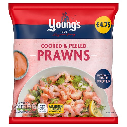 Youngs Cooked & Peeled Prawns PM £4.75 180g pack shot