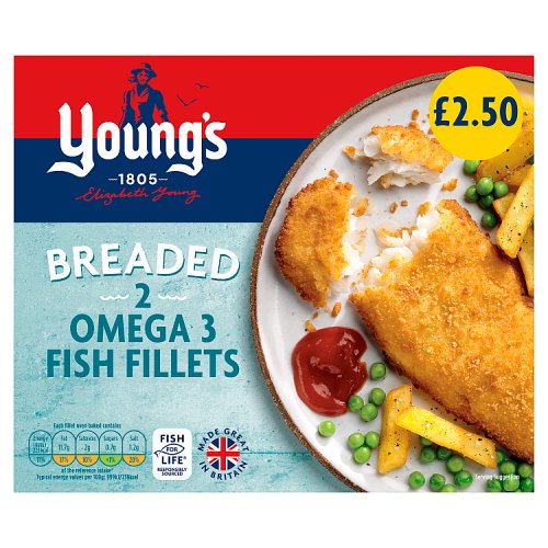Youngs Breaded 2 Omega 3 Fish Fillets PM £2.50 200g pack shot
