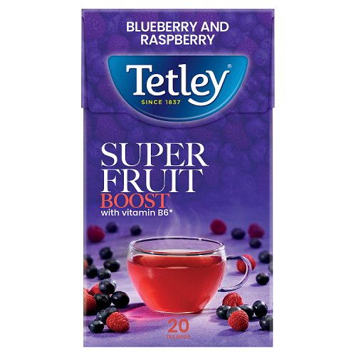 Tetley Super Fruits Boost Blueberry Raspberry 20s pack shot