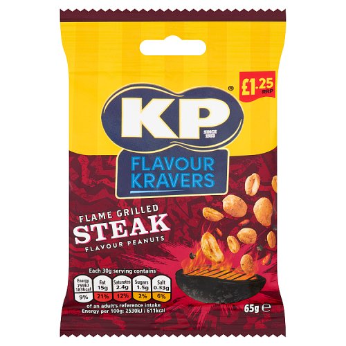 KP Kravers Flame Grilled Steak Peanuts PM £1.25 65g pack shot