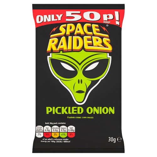 Space Raiders Pickled Onion Crisps PM 50p 30g pack shot