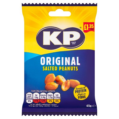 KP Original Salted Peanuts PM £1.25 65g pack shot