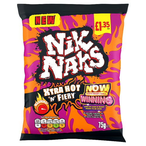 Nik Naks Xtra Hot N Fiery Crisps PM £1.35 75g pack shot
