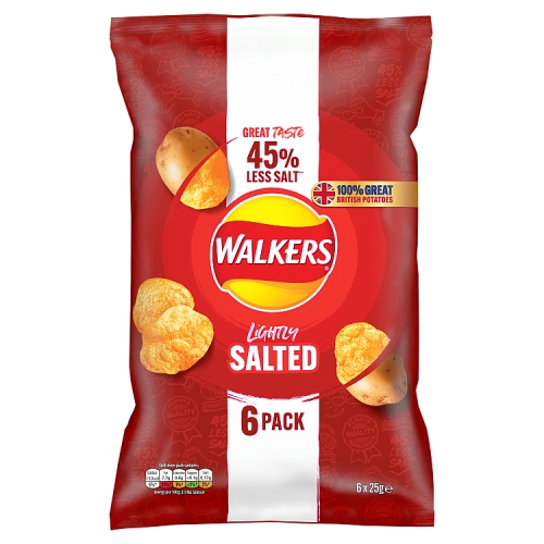 Walkers Less Salt Lightly Salted 6pk (6 x 25g) pack shot