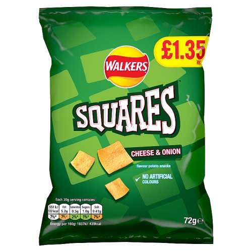 Walkers Squares Cheese & Onion PM £1.35 72g pack shot