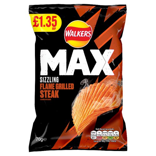 Walkers Max Flame Grilled Steak 70g PM £1.35 pack shot