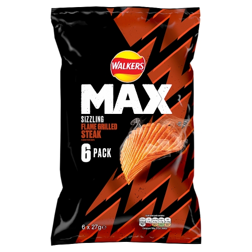 Walkers Max Sizzling Flame Grilled Steak 6pk (6 x 27g) pack shot