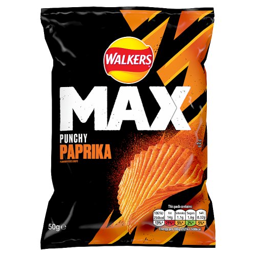 Walkers Max Punchy Paprika Grab Bag Crisps 50g pack shot