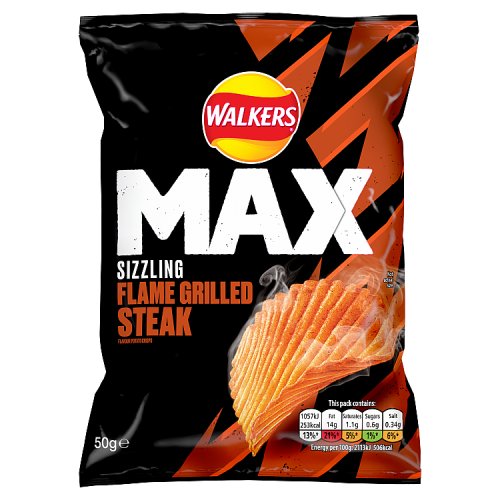 Walkers Max Sizzling Flame Grilled Steak Grab Bag Crisps 50g pack shot