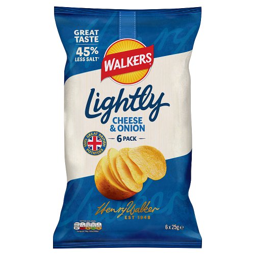 Walkers Lightly Cheese & Onion Crisps 6pk (6 x 25g) pack shot