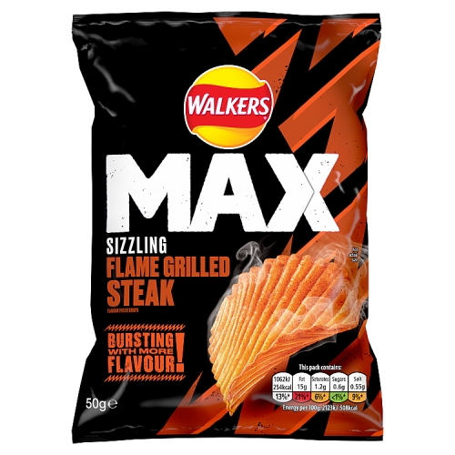 Walkers Max Flame Grilled Steak Crisps 50g pack shot