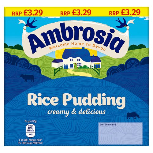 Ambrosia Rice Pudding PM £3.29 4pk (4 x 125g) 500g pack shot